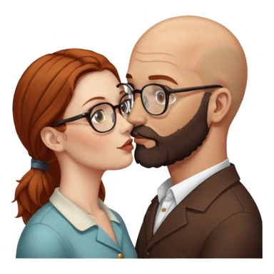 Couple. Bald man with dark brown-black beard. White woman with many small, faded freckles, she has white skin and she has auburn-brown-cinnamon, dark long hair. She has light brown eyes. The man have hazel eyes and glasses. Retro style. She kisses him. sticker