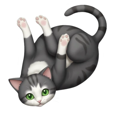dark grey cat with green eyes, white toes/paws and white patch on her chest playfully rolling upside down sticker