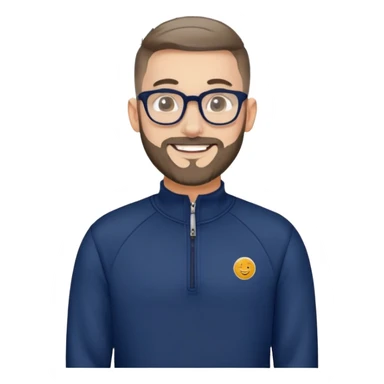 Fair-skinned man with oval face, extremely short tight haircut (very short on top, skin fade on sides), short salt and pepper beard, large black-framed glasses, smiling, wider body type, wearing navy blue long sleeve zip sweatshirt sticker
