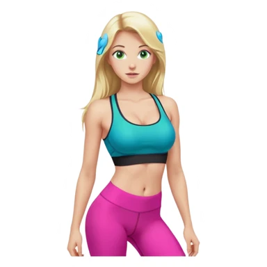 Long Blonde very small waist hourglass really big boobs green blue eyes black gym tights skinny face bright pink sports bra sticker
