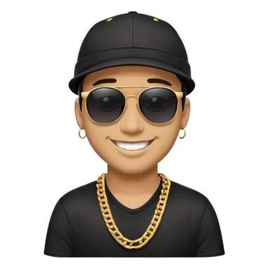 man with black sunglasses, black cap, and gold chain, smiling sticker