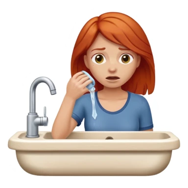 apple style emoji of a red-haired woman at a sink, looking parched and desperate for water sticker