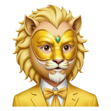 a old man, with a Yellow suit,  wear half-face golden Lion masquerade mask sticker