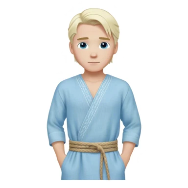 Medieval spring outfit worn by a DnD themed fantasy male character. Pale blue linen tunic with delicate white stitching along the seams, paired with a woven hemp cord belt. Clothes only above the waist, full waist coverage. The character has no arms. Character is white-skinned with platinum blonde hair, ice-blue eyes, and medium-length straight hair swept back. sticker