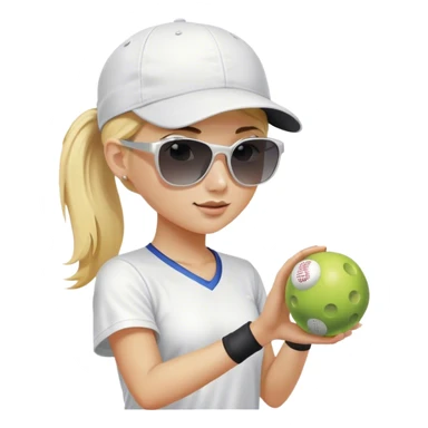 Girl with blond hair in a ponytail wearing a white baseball cap and sunglasses holding a  pickleball sticker