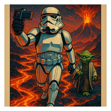 make digital poster art of Camera POV, Starwars stormtroopers vlogging selfie, he is walking on lava planet with yoda
 sticker