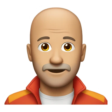 A bald man with an orange beard and a red jacket and hat sticker