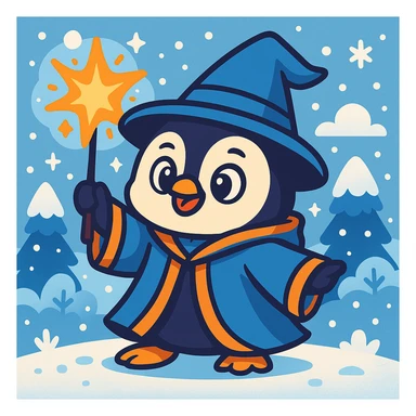 Add a snowy background to the cute penguin wizard casting a spell, keeping the fun and whimsical vibrant toon style. sticker