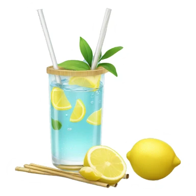clear water with lemon in glass with bamboo lid and straw sticker