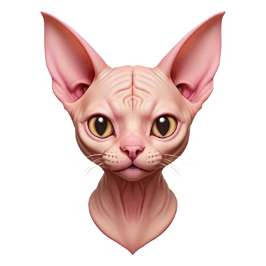 Cinematic Comical Sphynx Cat Portrait Emoji, Head tilted dramatically with an exaggeratedly shocked or offended expression, smooth, wrinkled skin in warm peach and pink hues, large bat-like ears perked up, piercing eyes widened in disbelief, Simplified yet hilariously expressive features, highly detailed, glowing with a slightly sassy glow, high shine, dramatic yet playful, stylized with an air of attitude, bright and endearing, soft glowing outline, capturing the essence of a sassy and over-the-top feline, so meme-worthy it feels like it could side-eye its way into internet fame instantly! sticker