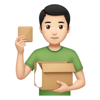 black haired asian man green shirt holding cardboard box sticker