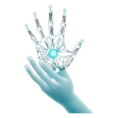 Minimalist white hand outline holding a glowing neural network circuit pattern in soft cyan (#00FFFF), dark charcoal (#2D2D2D) background, ultra-clean lines, negative space forms hidden AI chip silhouette, no text, tech-organic fusion sticker