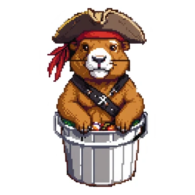 Muscular capybara with Johnny Depp features, goatee, Jack Sparrow style, sitting in a KFC bucket sticker