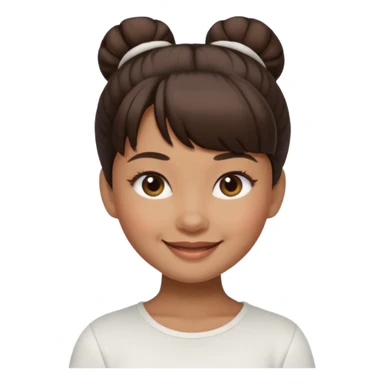 In Apple Memoji format, a girl with dark brown hair. She has bangs and her hair is in a singular high bun. The girl is arab and has light brown skin. She is wearing a white shirt sticker