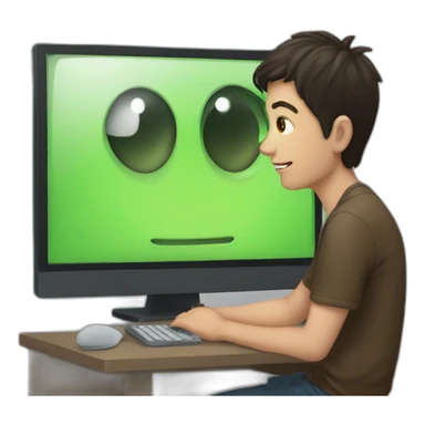 young guy watching a computer with his eye close to the monitor sticker