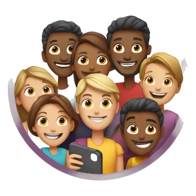 Group of happy people taking selfie. In a circle shape sticker