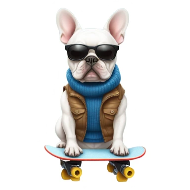 Pied french bulldog with sunglasses sweater vest and snow board sticker
