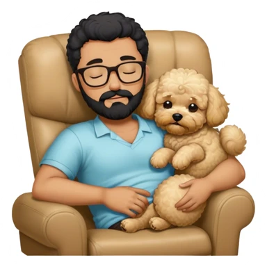 Guy with glasses and black beard sleeping on recliner and drooling with blonde maltipoo sticker