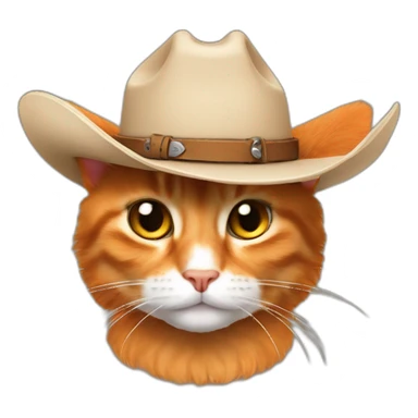 pure orange hairy japanese bobtail cat while wearing a brown cowboy hat with the cat ears poking out of the hat sticker