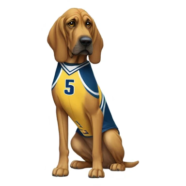 A Bloodhound in a blue, yellow, and white basketball uniform with John Jay on the front and # 35 sticker