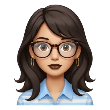 An emoji featuring a woman with very long wavy dark brown hair and a whispy straight bang, wearing thick tortoise square shaped glasses, drop earrings. She has long lashes, black eyeliner and a nude browny glossy lipstick. She's wearing an oversize light blue shirt with white vertical strips.  sticker