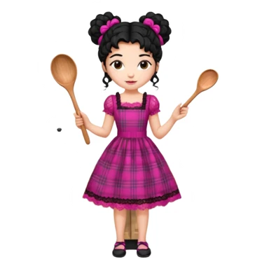 
A beautiful girl wears a fuchsia lace dress with a plaid pattern. Her long, curly black hair is styled in a messy bun. She wears accessories and holds a wooden kitchen spoon. She is standing and wearing black shoes. The illustration style is clipart. sticker