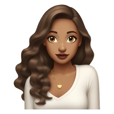 Girl with brown cateyes and a fair skin tone long eyelashes with long dark brown hair in a side parting in a wavy/blowout effect style wearing white scoop neck top and wearing a gold necklace and has plump light pink glossy lips sticker