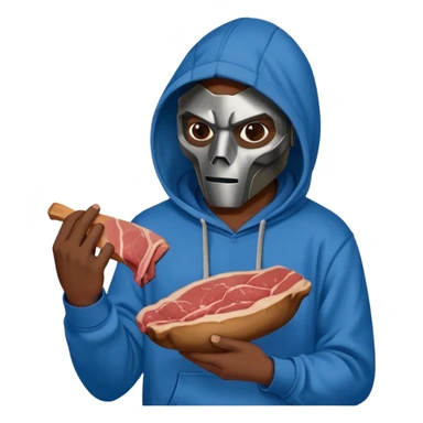 MF DOOM in a blue hoodie holding a piece of meat sticker