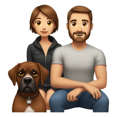 a girl with brown hair, a man with short buzz brown hair with a beard, sitting, with two brown boxer dogs sticker