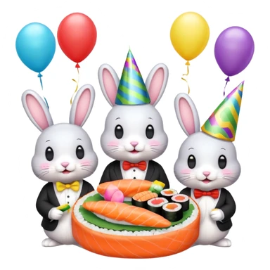 four bunnies together eating sushi at a birthday party, vibrant, balloons, streamers, alternate layout, emoji style sticker