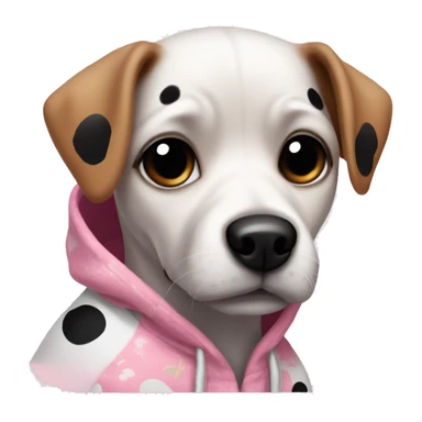  small dog with a white coat and black spots around its eyes. The dog has a small face with expressive, dark eyes and floppy ears, and it's wearing a pink hoodie with a floral pattern.  sticker