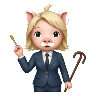 Female pig with hair wearing a suit and  a cane sticker