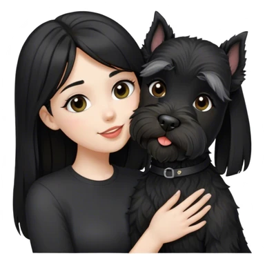 pale girl  with light eyes and long black hair wearing black shirt kissing female schnauzer holding smiling black schnauzer  sticker