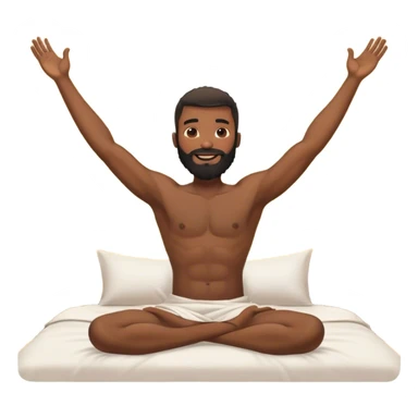 black beard happy shirtless man waking up out of bed stretching arms with sunshine in the back sticker
