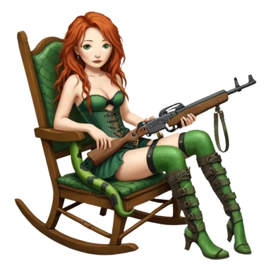 solarpunk ultra HD very old and tired Tori Amos casually crouches on a rocking chair in a torn corset, holding a lintlock double-barreled rifle and with muddy feet. a big snake wrapped itself around the chair sticker