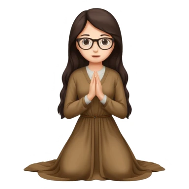 A woman kneeling praying, in a long dress, long dark brown hair, glasses  sticker