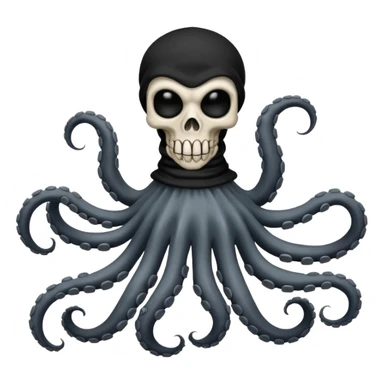 satanic octopus skeleton with scary evil eyes, wearing a black balaclava. 2 tentacles are each holding a skeleton bone sticker