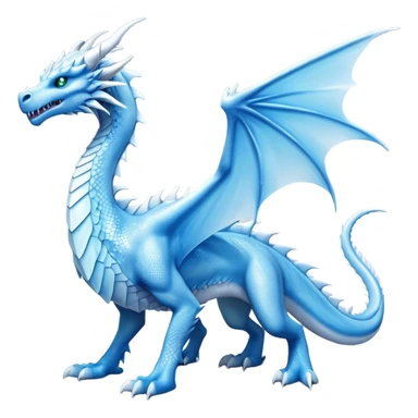 Cinematic Noble elegant Ice Dragon full body Emoji, Poised and imposing, distinct long elegant snout, with a slender, scaled body shimmering in glacial hues of icy blue, frostbitten silver, and crystalline white, breathing out frost, with piercing, glowing eyes that radiate the chilling depths of an arctic storm; rendered in detail. displaying its wings sticker