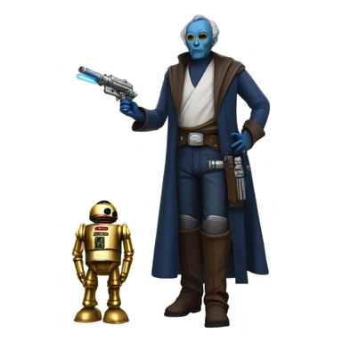 bounty hunter tarnished undercover tough well-equipped Jedi  life-sized darkblue-pearl C3po leather vest clothing pants and vest old west duster coat holding light saber sheriff holstered gu sticker