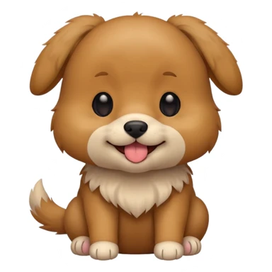 Cute small brown fluffy dog emoji icon. Round face, short muzzle, light brown fur with slightly darker ears, small black nose, happy smiling expression with tongue out. Soft friendly eyes, sitting pose with front paws together. Simple clean vector style, minimal details, kawaii style. sticker