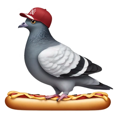 pigeon wearing New York yankee hat while standing on top of a hotdog sticker