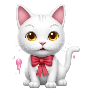 A white cartoon cat hello ki with a red bow on its left ear, looking disgusted, a stream of pink liquid from its mouth sticker