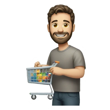 white man, bearded with short dark hair holding a product cart and smiling sticker