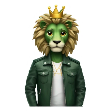 green skin and hair lion in cool leather jacket with a crown sticker