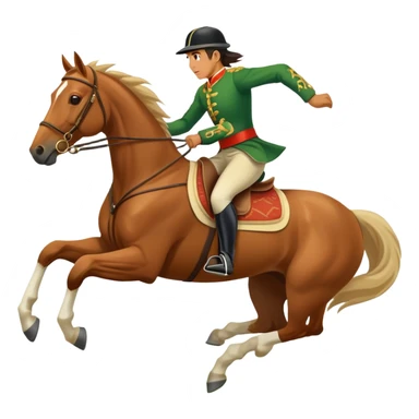 An icon showcasing a blue sky, distant mountains and a vibrant landscape. a majestic horse and rider in full gallop across a lush green field. The rider wears traditional gear, while the horse leaps with grace and power.  sticker