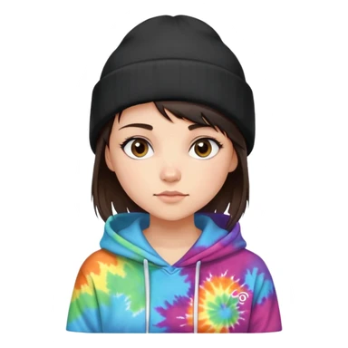 shaved haired brunette girl with a black beanie on and a tiedye hoodie. please make her hair even shorter but a side bang sticking out of her beanie sticker