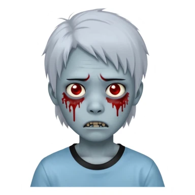 Create a 3D emoji-style avatar with very pale blue-grey zombie skin like the reference image, a young Asian face, and large eyes with blood tears. Give it white mullet-style hair, silver hoop earrings, and a simple black T-shirt. The expression should be neutral or slightly angry sticker