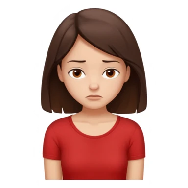 "Cartoon emoji of a young brunette woman with fair-medium skin, brown eyes, wearing a simple red top. Portrait mode, slouched, looking down, overthinking and insecure. Small frown, worried eyes. Smooth, friendly, stylized, Mary Jane–like appearance." sticker