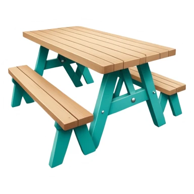 rectangular picnic table with benches, white tips on table and bench ends, straight vertical legs, soft teal color, small wheels, flat wood-style silhouette, clean geometry, minimal shading sticker
