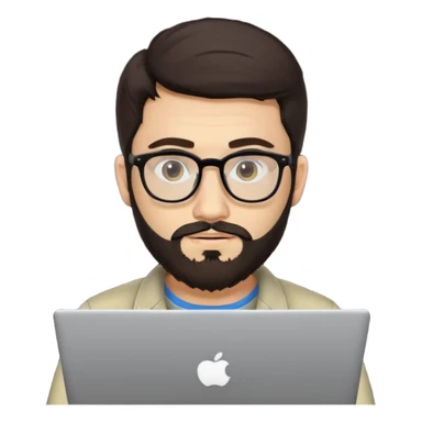 23 year old Azerbaijani man with very dark brown hair and beard with glasses and laptop , light yellow skin face sticker